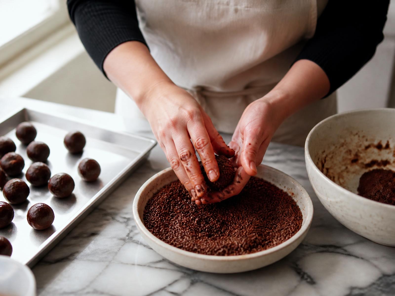 Mãos finalizando brigadeiros artesanais